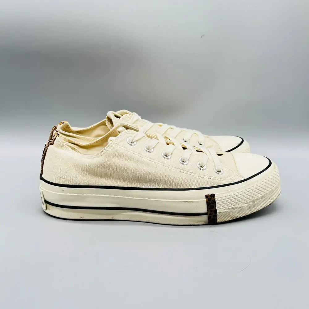 Converse Shoes Womens 8.5 Beige Canvas Chucks All Star Platform Sneakers Leopard